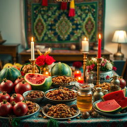 A beautifully arranged Yalda Night celebration scene featuring a colorful spread of traditional Iranian foods and decorations