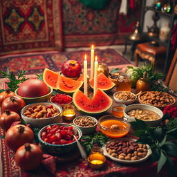 A beautifully arranged Yalda Night celebration scene featuring a colorful spread of traditional Iranian foods and decorations