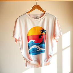 A colorful and trendy T-shirt hanging on a wooden clothes rack, showcasing a vibrant graphic design featuring a stylized sunset over a beach with palm trees and waves