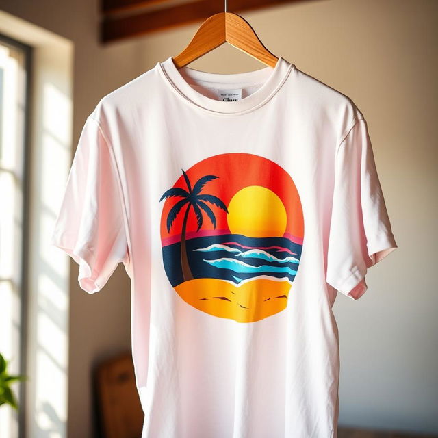 A colorful and trendy T-shirt hanging on a wooden clothes rack, showcasing a vibrant graphic design featuring a stylized sunset over a beach with palm trees and waves