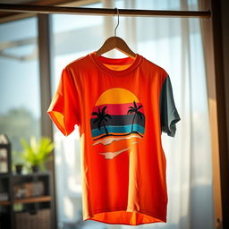 A colorful and trendy T-shirt hanging on a wooden clothes rack, showcasing a vibrant graphic design featuring a stylized sunset over a beach with palm trees and waves