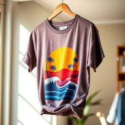 A colorful and trendy T-shirt hanging on a wooden clothes rack, showcasing a vibrant graphic design featuring a stylized sunset over a beach with palm trees and waves