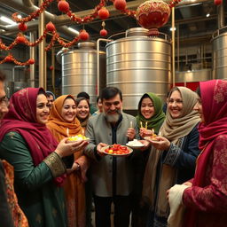 A joyful celebration of Yalda night in an industrial base oil factory, with people dressed in traditional Persian clothing, featuring colorful decorations with pomegranates and candles