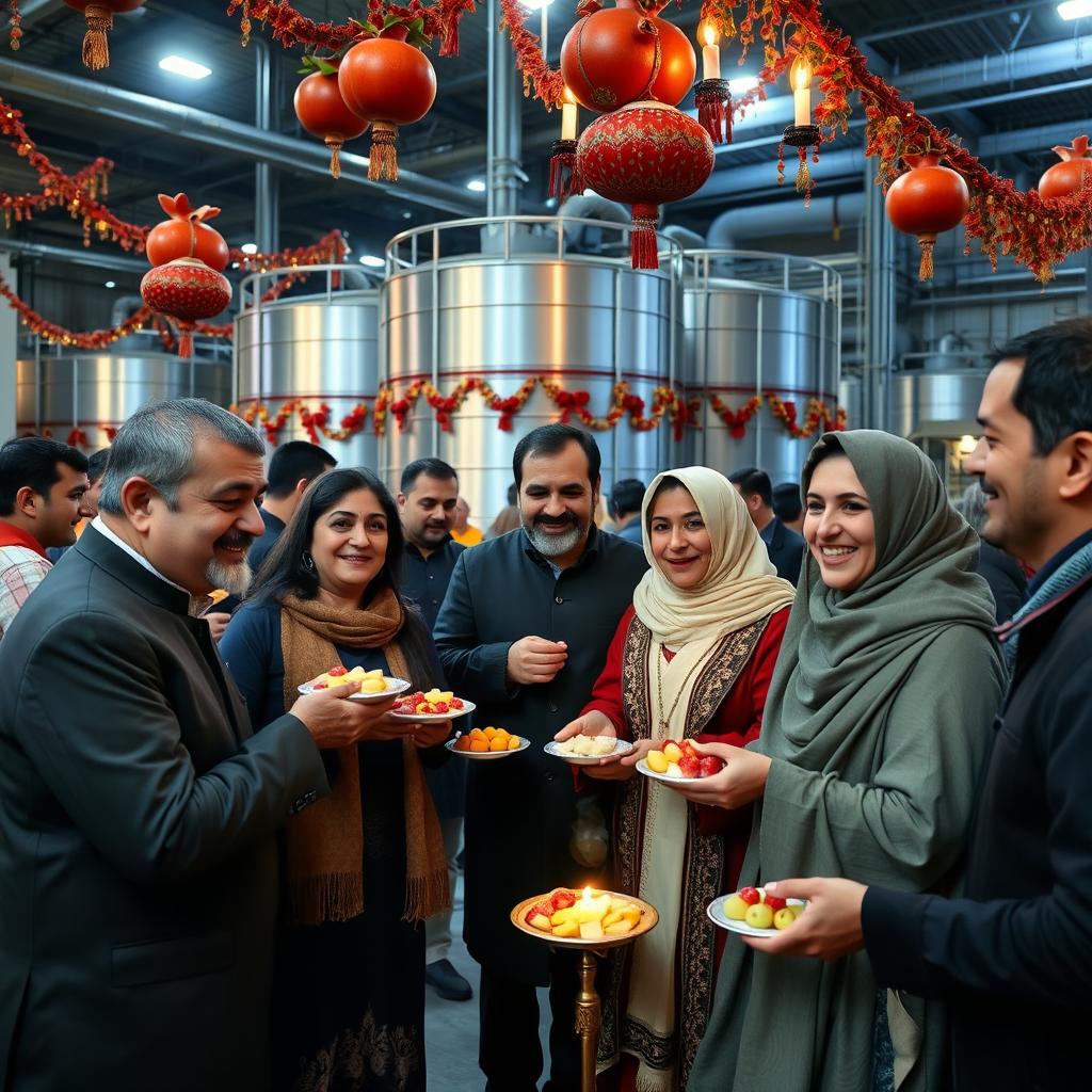 A joyful celebration of Yalda night in an industrial base oil factory, with people dressed in traditional Persian clothing, featuring colorful decorations with pomegranates and candles