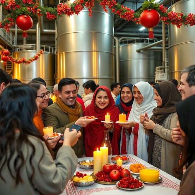 A joyful celebration of Yalda night in an industrial base oil factory, with people dressed in traditional Persian clothing, featuring colorful decorations with pomegranates and candles