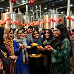 A joyful celebration of Yalda night in an industrial base oil factory, with people dressed in traditional Persian clothing, featuring colorful decorations with pomegranates and candles
