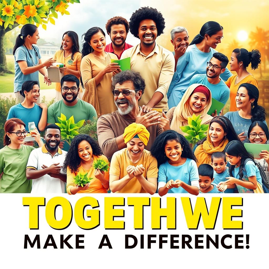 A visually striking poster promoting philanthropy, featuring a diverse group of individuals from various cultures and backgrounds joyfully collaborating