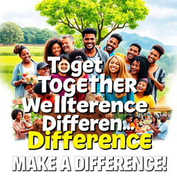 A visually striking poster promoting philanthropy, featuring a diverse group of individuals from various cultures and backgrounds joyfully collaborating