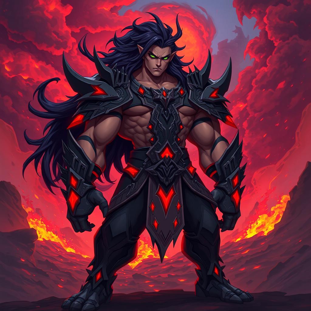 A vibrant and dynamic character design for Atros, depicted as a muscular antagonist with dark, flowing hair, wearing an intricately designed armor adorned with sharp spikes and glowing red accents