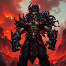 A vibrant and dynamic character design for Atros, depicted as a muscular antagonist with dark, flowing hair, wearing an intricately designed armor adorned with sharp spikes and glowing red accents