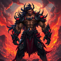 A vibrant and dynamic character design for Atros, depicted as a muscular antagonist with dark, flowing hair, wearing an intricately designed armor adorned with sharp spikes and glowing red accents
