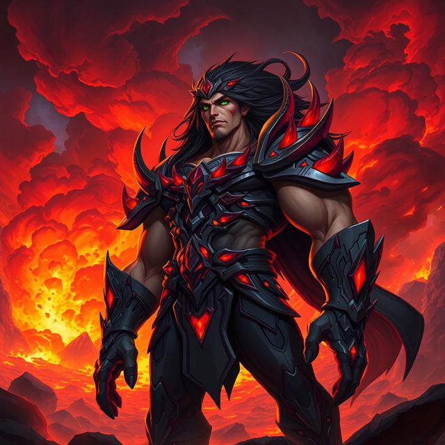 A vibrant and dynamic character design for Atros, depicted as a muscular antagonist with dark, flowing hair, wearing an intricately designed armor adorned with sharp spikes and glowing red accents