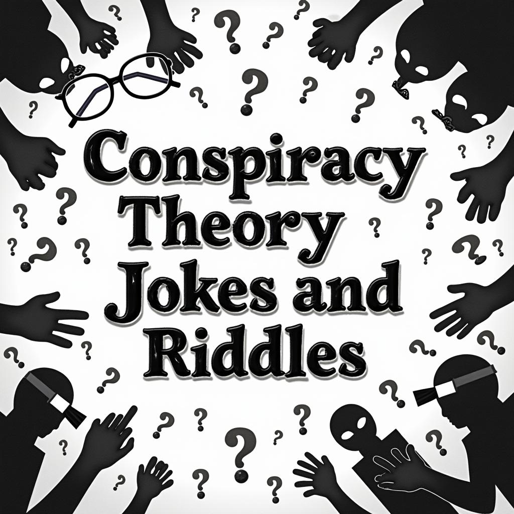 A black and white graphic design for an introduction titled 'Conspiracy Theory Jokes and Riddles'