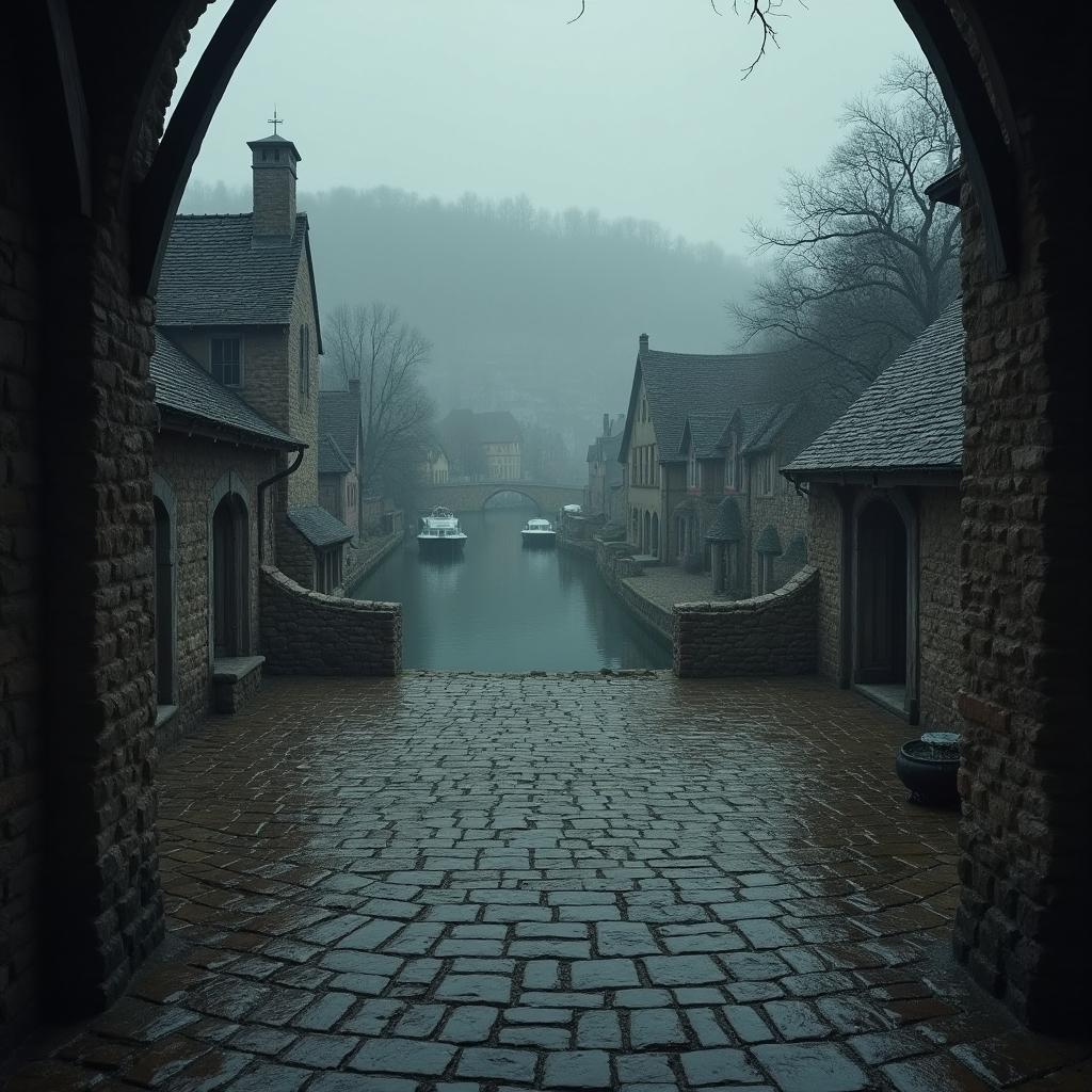 A dimly lit medieval stone and wooden fort with a large central square, surrounded by rustic details like wooden beams and weathered stones