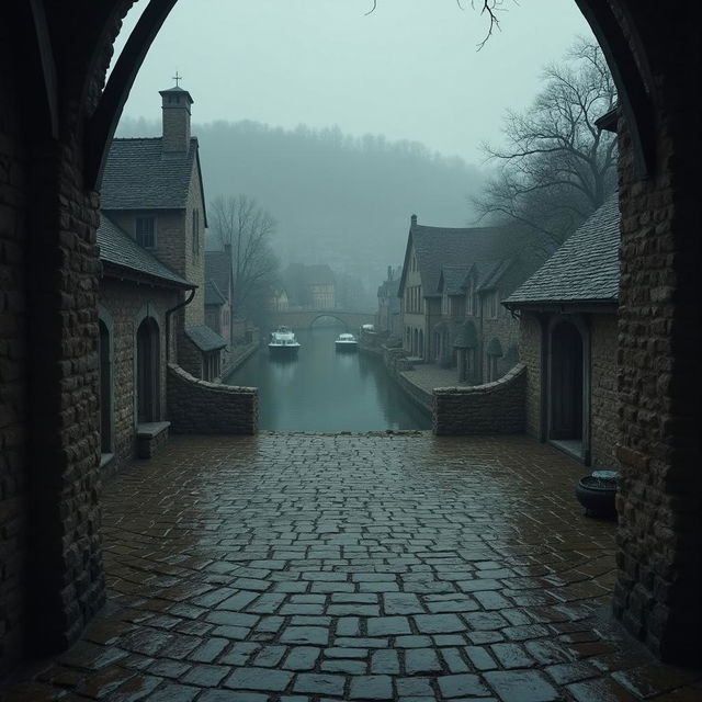 A dimly lit medieval stone and wooden fort with a large central square, surrounded by rustic details like wooden beams and weathered stones