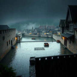 A dimly lit medieval stone and wooden fort featuring a spacious central square, surrounded by aged stone walls and wooden accents