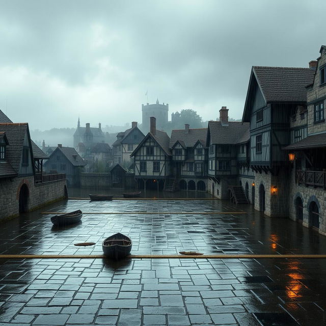 A dimly lit medieval stone and wooden fort featuring a spacious central square, surrounded by aged stone walls and wooden accents