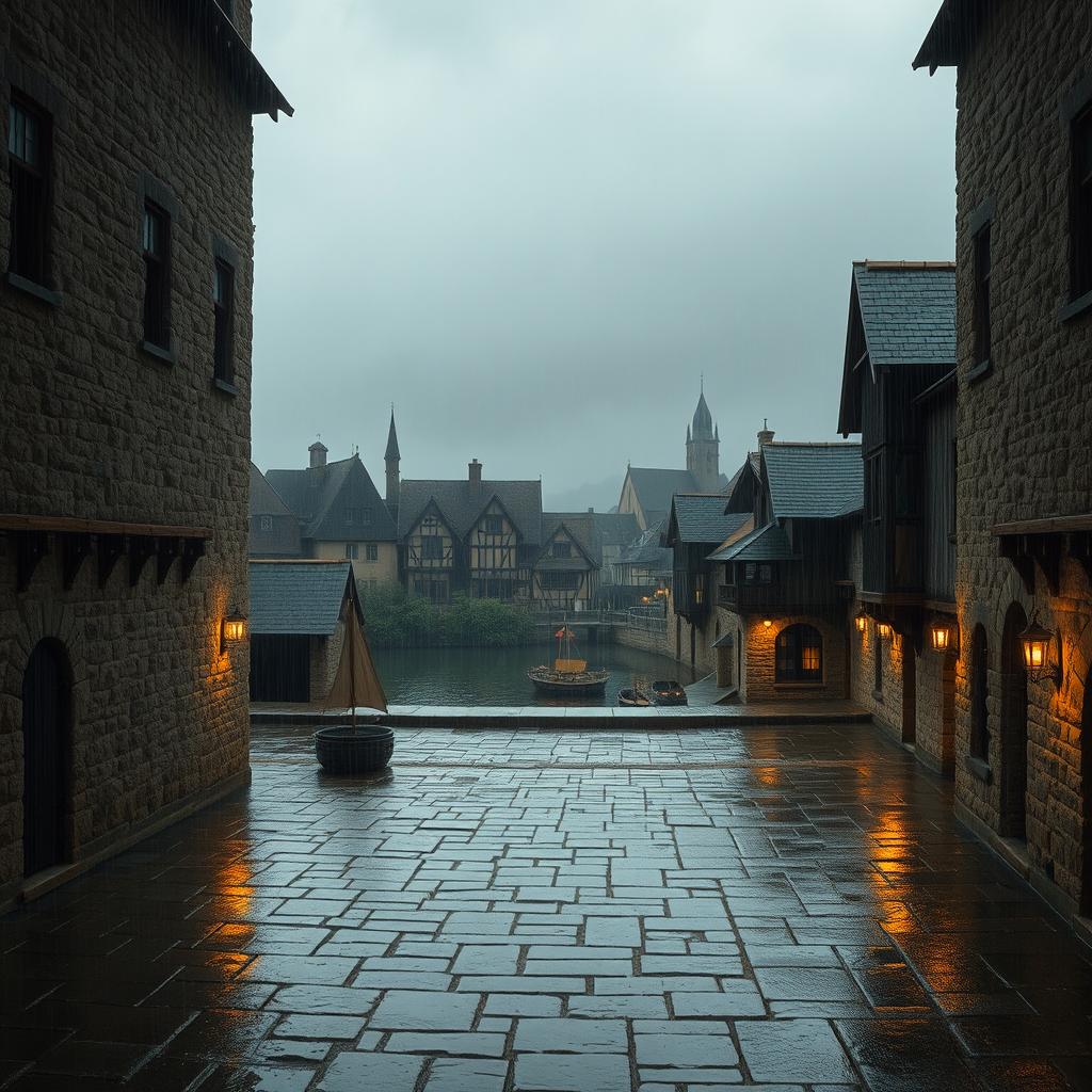 A dimly lit medieval stone and wooden fort featuring a spacious central square, surrounded by aged stone walls and wooden accents