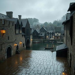 A dimly lit medieval stone and wooden fort featuring a spacious central square, surrounded by aged stone walls and wooden accents
