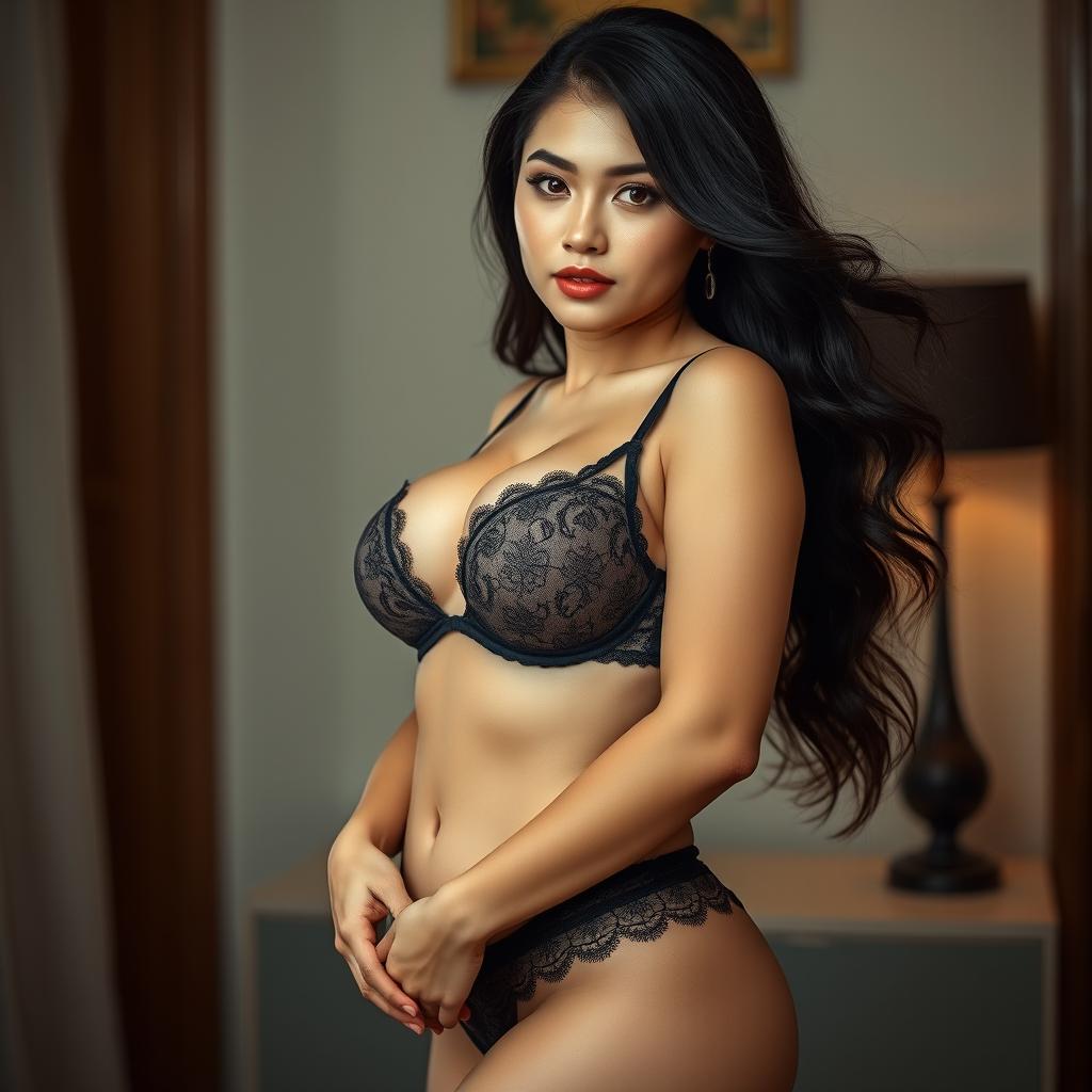 A beautiful 20-year-old Mongolian woman with a sultry and confident expression, wearing revealing and enticing lingerie that accentuates her figure