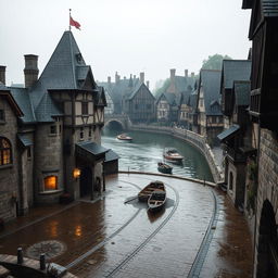 A dimly lit small medieval castle constructed of weathered stone and wooden accents, featuring a spacious central square bustling with character