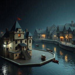 A dimly lit small medieval castle constructed of weathered stone and wooden accents, featuring a spacious central square bustling with character