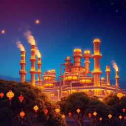A vibrant depiction of the Yalda Oil Refinery, showcasing its intricate architecture and industrial design