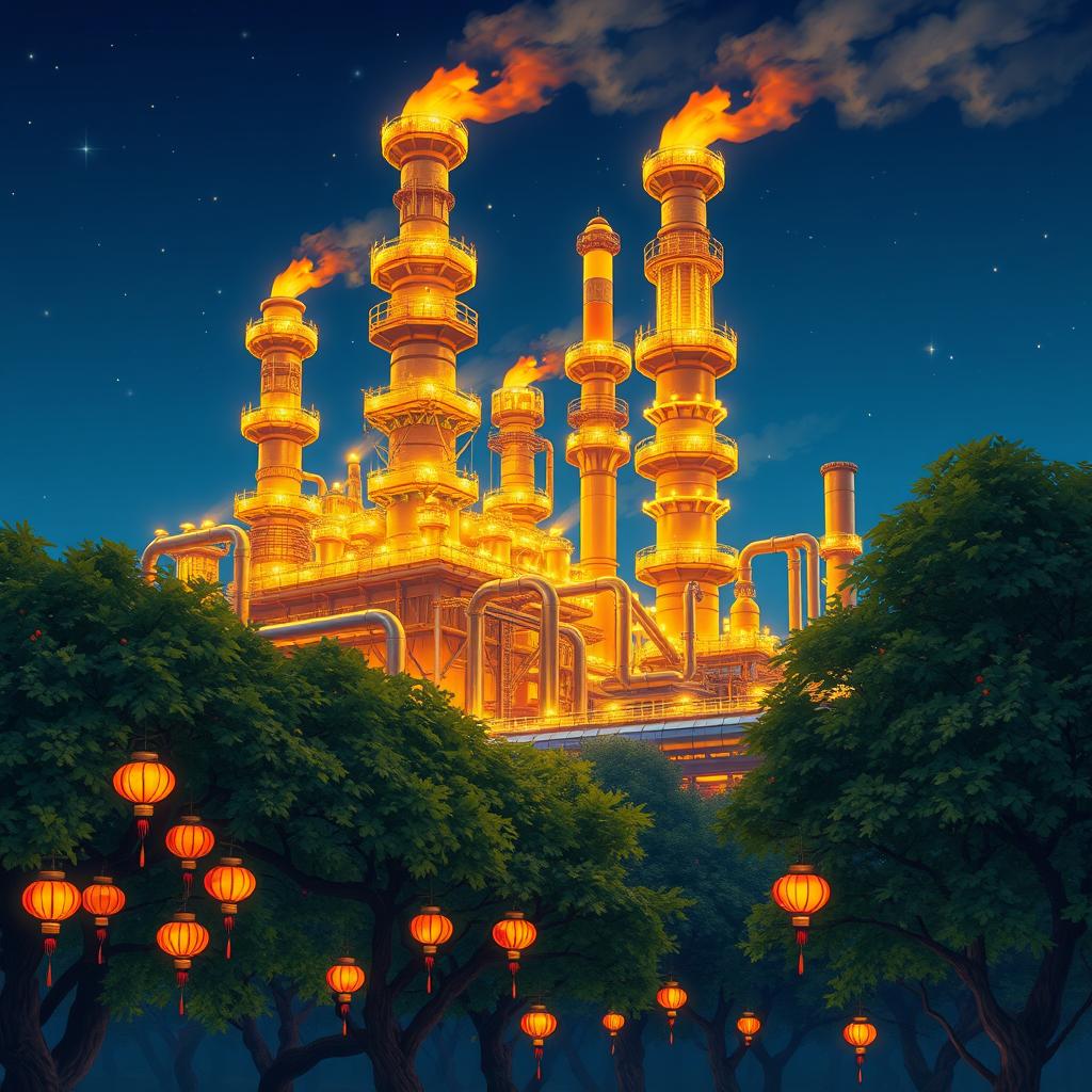 A vibrant depiction of the Yalda Oil Refinery, showcasing its intricate architecture and industrial design