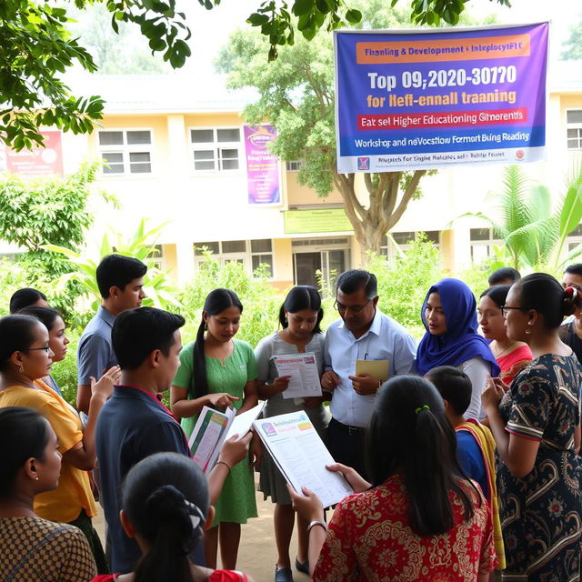 An educational development scene showing community members actively working together in a local school environment