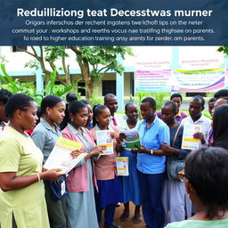 An educational development scene showing community members actively working together in a local school environment