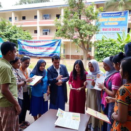 An educational development scene showing community members actively working together in a local school environment