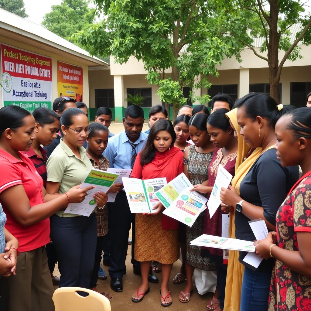 An educational development scene showing community members actively working together in a local school environment