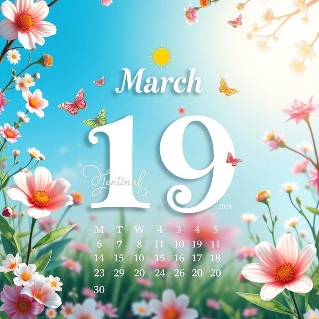 A beautifully detailed calendar page for March 2024, featuring the date 19 prominently displayed