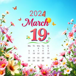A beautifully detailed calendar page for March 2024, featuring the date 19 prominently displayed