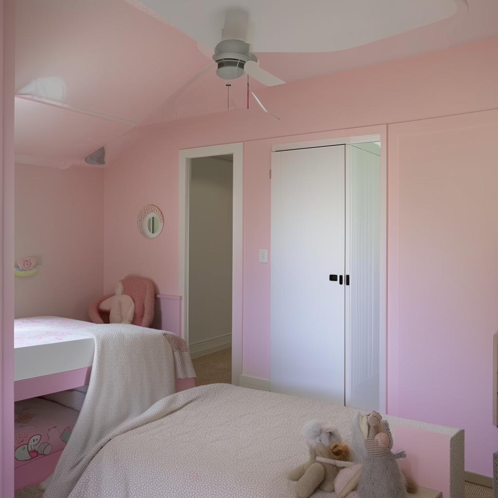 A girl's bedroom with three surrounding walls and a window to the east. The door to the bathroom is adjacent to the northern entrance of the bedroom.