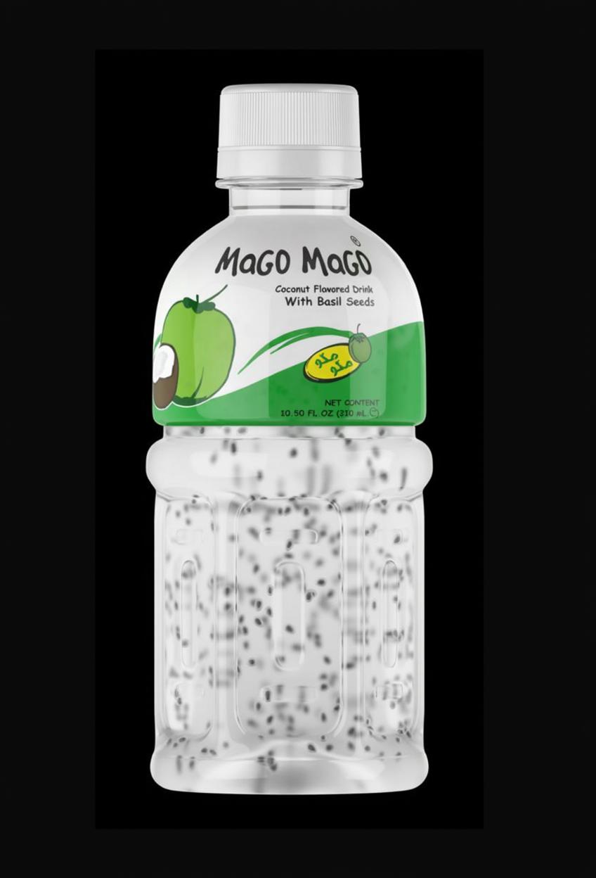 A transparent plastic bottle of Mago Mago drink, featuring a coconut flavor, with bright green apple illustrations on the label