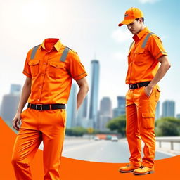 A stylish and modern design of an orange uniform for drivers, featuring a comfortable short-sleeve shirt with a collar, adorned with reflective strips for safety