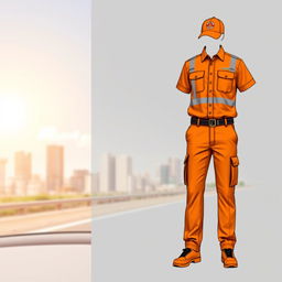 A stylish and modern design of an orange uniform for drivers, featuring a comfortable short-sleeve shirt with a collar, adorned with reflective strips for safety