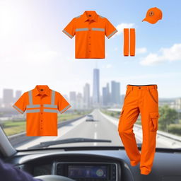 A stylish and modern design of an orange uniform for drivers, featuring a comfortable short-sleeve shirt with a collar, adorned with reflective strips for safety