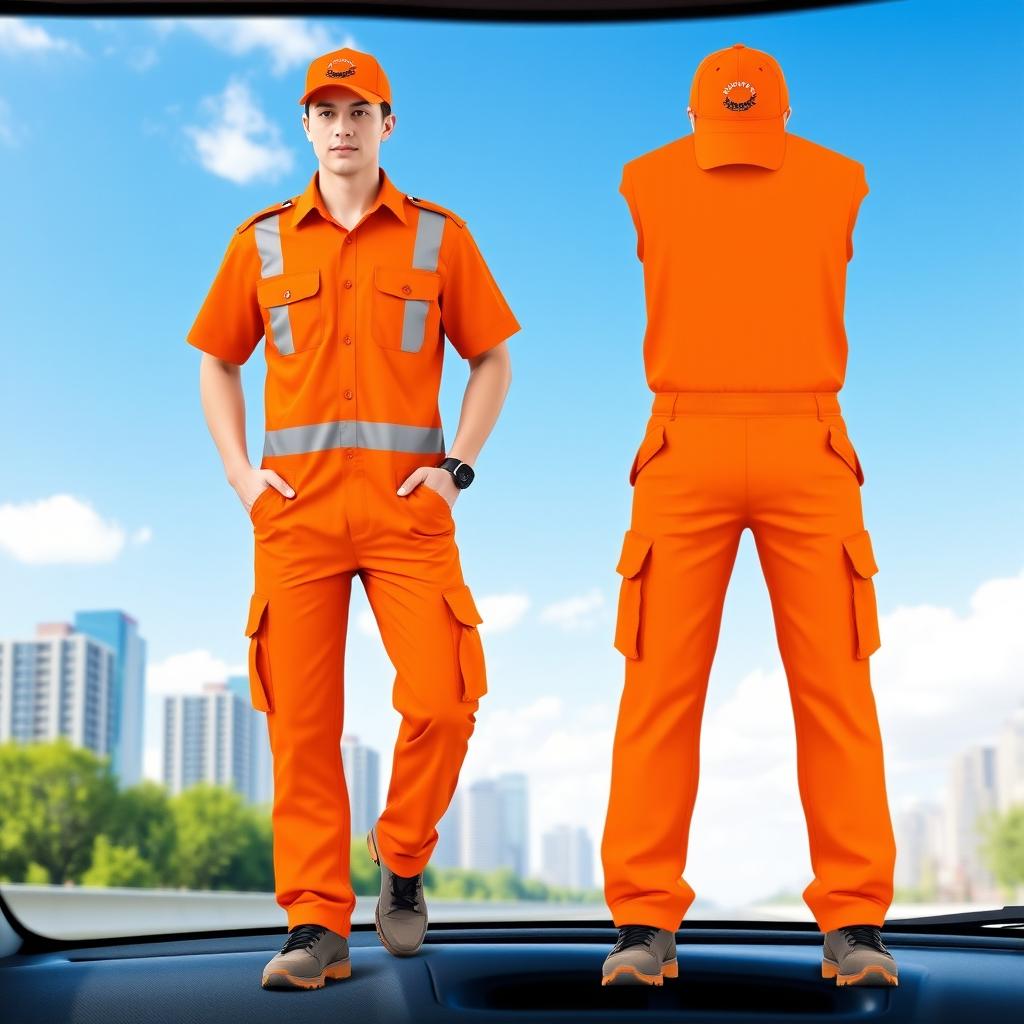 A stylish and modern design of an orange uniform for drivers, featuring a comfortable short-sleeve shirt with a collar, adorned with reflective strips for safety