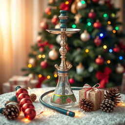 A beautifully decorated hookah surrounded by festive Christmas elements