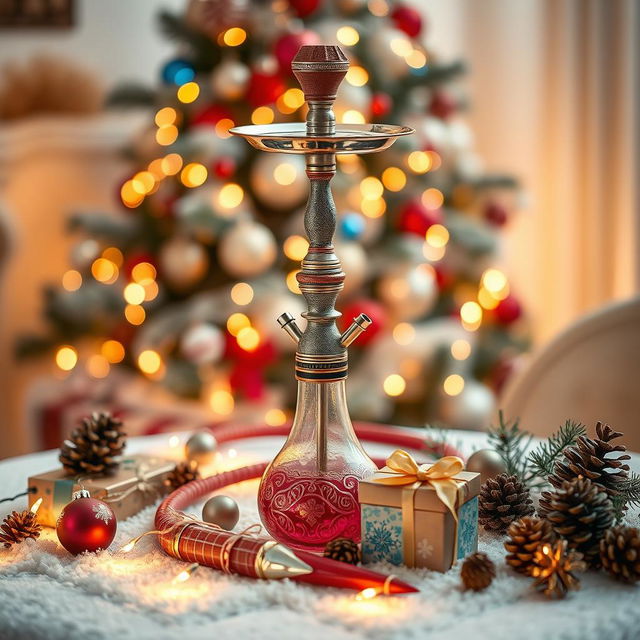 A beautifully decorated hookah surrounded by festive Christmas elements