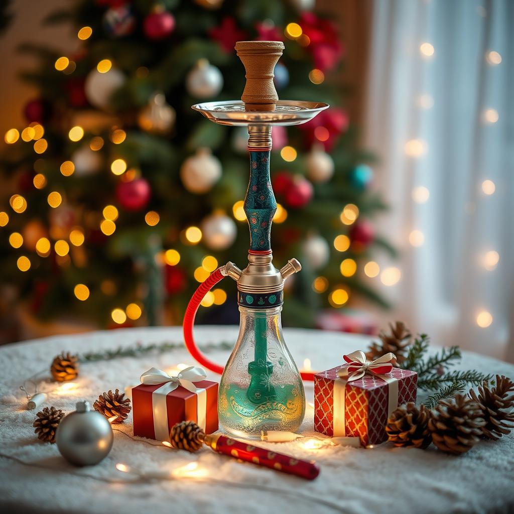 A beautifully decorated hookah surrounded by festive Christmas elements