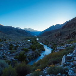 A stunning landscape depicting rugged terrain with rocky hills and sparse vegetation under a bright blue sky