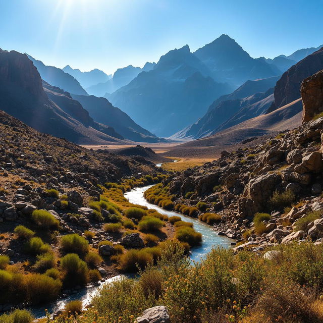 A stunning landscape depicting rugged terrain with rocky hills and sparse vegetation under a bright blue sky