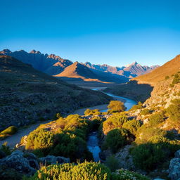 A stunning landscape depicting rugged terrain with rocky hills and sparse vegetation under a bright blue sky