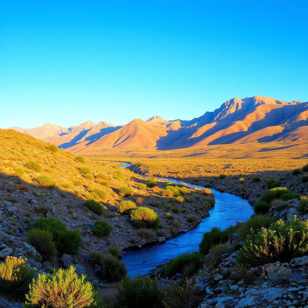 A stunning landscape depicting rugged terrain with rocky hills and sparse vegetation under a bright blue sky