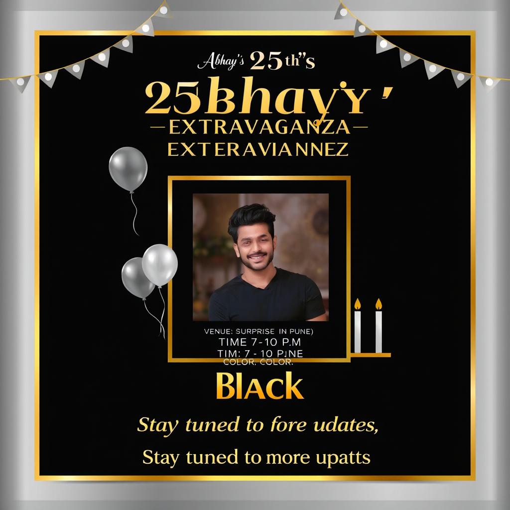 A stylish and unique birthday invitation poster for Abhay's 25th birthday celebration, colored in black, silver, and gold