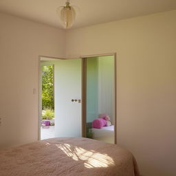 A girl's bedroom with three surrounding walls and a window to the east. The door to the bathroom is adjacent to the northern entrance of the bedroom.