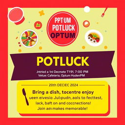 A vibrant and engaging poster for a potluck event titled 'OPTUM PDM Batch Potluck'